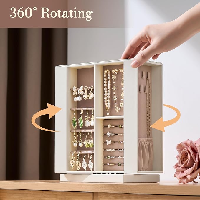 Jewelry Box Organizer for Women: 360 Rotating Vertical Storage Case, Ivory Leather with Pink Velvet, Ring Necklace Bracelet Holder, Gift Decor, 10 x 8.7 x 3.9 in - Image 2