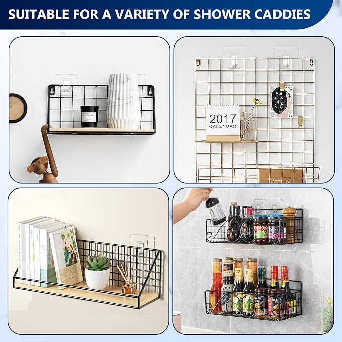 Shower Caddy Adhesive Replacement Hooks, Strong Waterproof Strips, No Drilling for Bathroom Shelves, Kitchen Racks, and Soap Holders (Transparent-14 Pack 1Hook) - Image 8