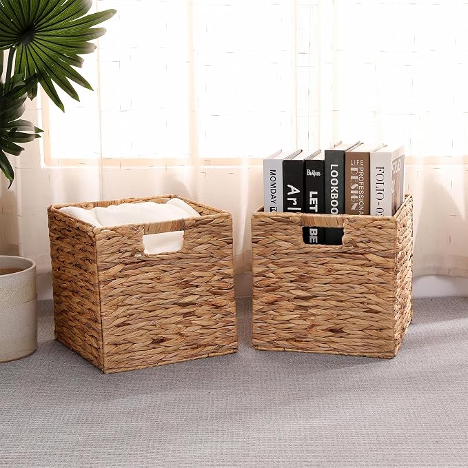 11x11in Wicker Storage Basket Set of 2 Collapsible Hyacinth Cube Storage Baskets,Storage Bins for Organizing Storage Basket with Built-in Handles - Image 2