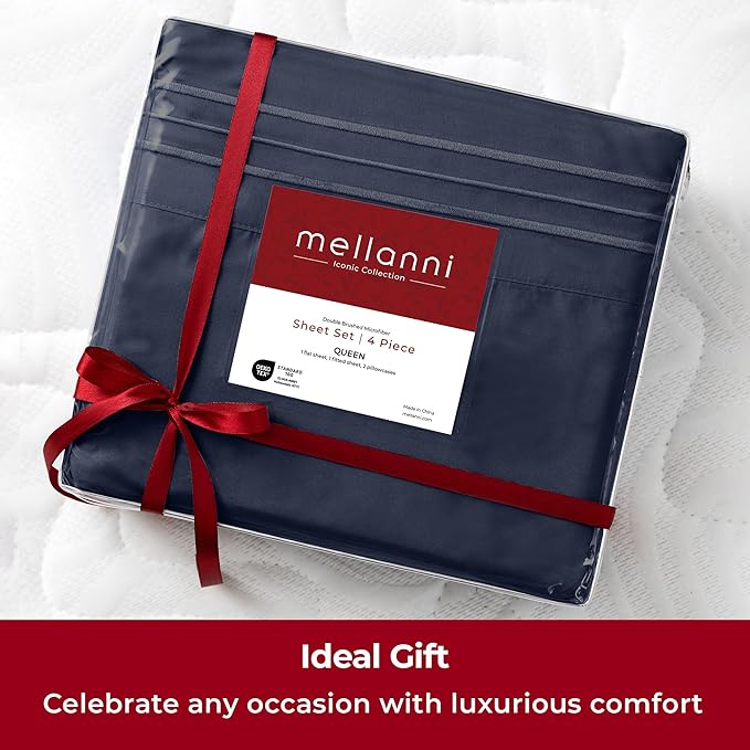 Mellanni Extra Deep Queen Sheets - 4 PC Iconic Collection Bedding - Hotel Luxury, Ultra Soft, Cooling Bed Sheets - Wrinkle, Fade, Stain Resistant (Queen, Navy Blue)