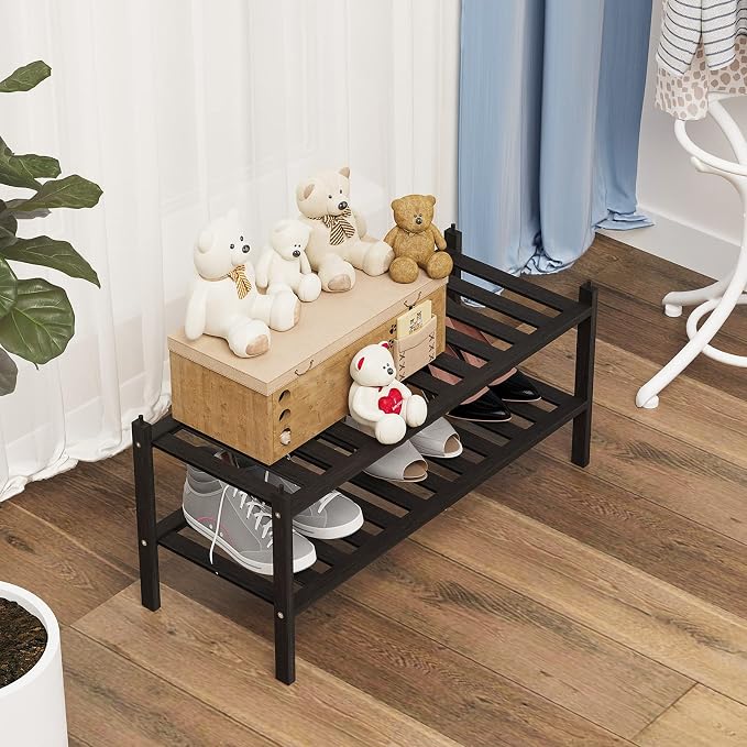 Dranixly Shoe Rack, 2-Tier Bamboo Stackable Shelf Storage Organizer, Stand for Closet, Entryway and Hallway （Black） - Image 4