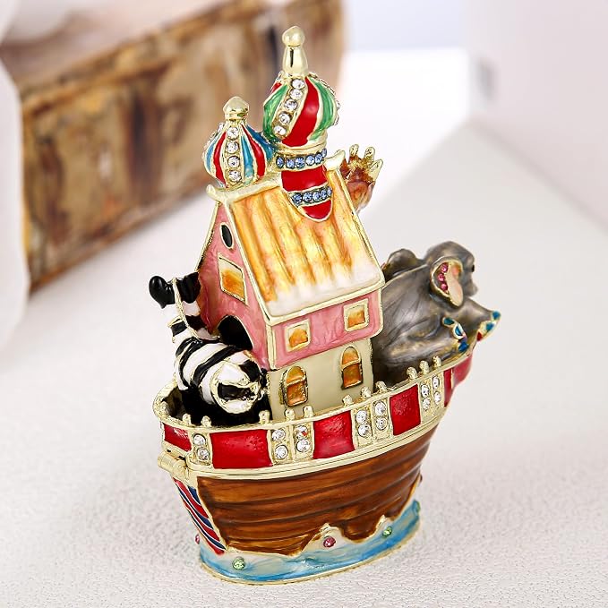 Hand Painted Animal Trinket Box for Home Decor, Hinged Jewelry Organizer Storage, Unique Personalized Collectible Keepsake Figurine Handmade Decorative Ornament Gifts (Noah's Ark) - Image 5