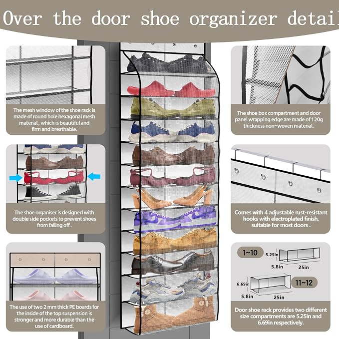 PAULONE 12 Pocket Over the Door Shoe Organizer,Reusable Breathable Large Mesh Bag Men's & Women's Sneaker Organizer,Shoe Organizer for Kids,Hanging Shoe Storage Hanging Bag (White) - Image 2