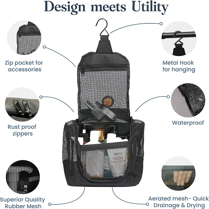 The Fine Living Co. Portable Hanging Shower Caddy Organizer Bag (Free Toiletries Case+Metal Hook) Quick Dry Mesh Shower Caddy Tote Bag Pouch For Bathroom College Dorm Camp Gym Camping 10”x4”x8”(Black) - Image 3