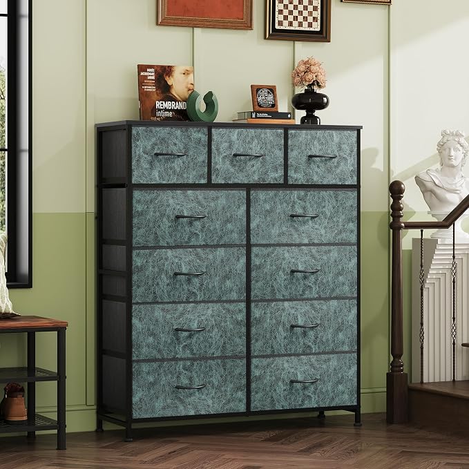 WLIVE Storage Organizer Unit with 11 Fabric Bins, Storage Drawers Organizer with Steel Frame, Tall Storage Tower Organizaton for Living Room, Hallway, Office, Vintage Green - Image 8
