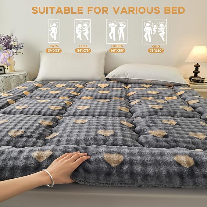 Mattress Topper Queen Size 60 x 80 inches, Warm Thicken Velvet Queen Mattress Pad Breathable and Comfortable with 4 Elastic Band, Deep Pocket Stretchable up to 15 inches Washable, Gray Heart