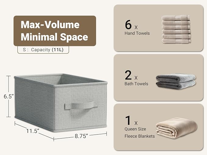 LayerSpace 3 Pack Fabric Storage Bins for Shelves | 11.5x8.75x6.5in Closet Storage Baskets | Collapsible Storage Bins | Fabric Closet Organizers with Handles | Light Gray - Image 3