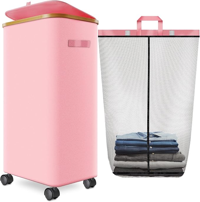 Laundry Hamper with Wheels,29 Gal (110L) Laundry Basket with lid Rolling Clothes Hamper Foldable Dirty Clothes Basket on wheels with Bamboo Frame and Bag for Bedroom, Dorm, Laundry Room-Pink by Wuevu