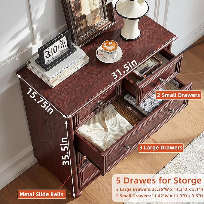 RWYHG Farmhouse 5 Drawer Dresser for Bedroom, 35.5" Tall Small Dressers & Chest of Drawers, Rustic Wood Dresser with Roman Column, Storage Organizer for Living Room, Hallway, Closet (Red Oak)