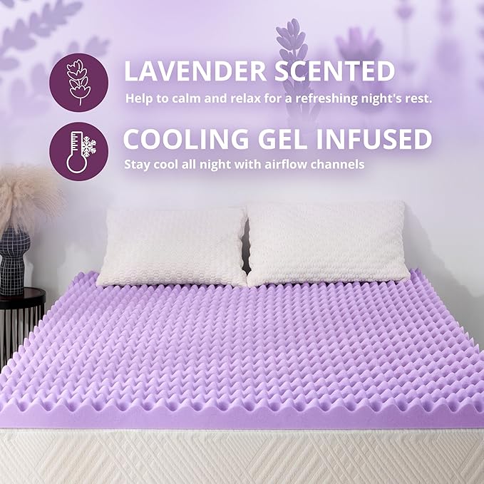 3 Inch Egg Crate King Memory Foam Mattress Topper, Lavender Scent Gel Infused Foam Mattress Topper for Pressure Relief, CertiPUR-US Certified King Bed Topper, Purple, 76"×80"