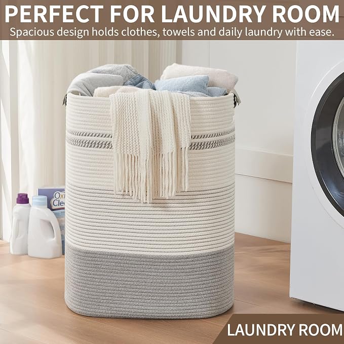 AINUOQI Laundry Basket with Handles - Blanket Basket & Hampers for Bedroom Aesthetic, Laundry Hamper & Blanket Storage for Living Room, Clothes Hamper, Tall, Large 17" x 14" x 22”, Grey - Image 5