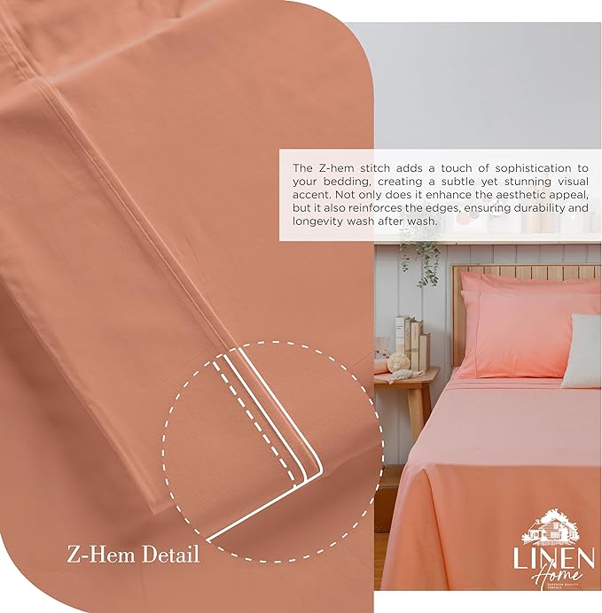 Linen Home 100% Cotton Percale Sheets King Size, Deep Pocket, 4-Piece Set - Crisp, Cool & Breathable, Long-Staple Combed Cotton Bedding, Hotel Quality, Made in Green, Tera Clay