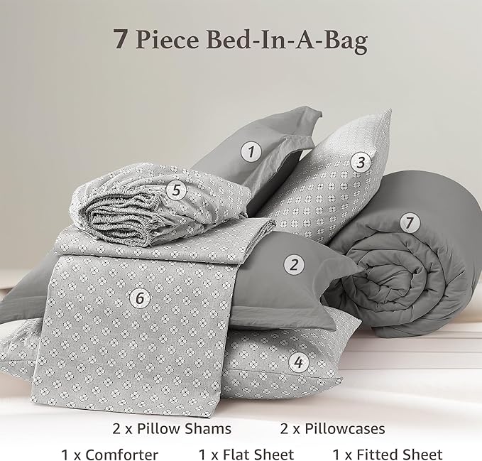 Monbix Queen Comforter Set - 7 Pieces Granite Grey Prewashed Bed in a Bag Queen Bedding Sets with Comforters, All Seasons Ultra Soft Comforter Bed Set with Sheets,Pillowcases & Shams