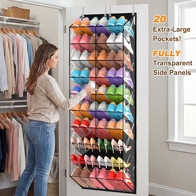20-30 Pairs Over the Door Shoe Organizer, Transparent PVC Hanging Shoe Rack for Closet, 10-Tier Door Shoes Storage, Crystal-Clear Visibility Fit All the Family's Sneakers, Boots, Heels, Black Frame - Image 3