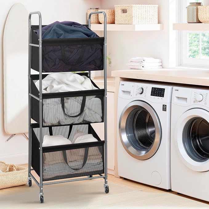STO STO 3-Tier Vertical Rolling Laundry Hamper with Removable Bags, 120L Stackable Laundry Sorter Basket, Clothes Hamper with Wheels for Small Spaces, Closet, Bedroom, Bathroom, Laundry Room, Black - Image 7
