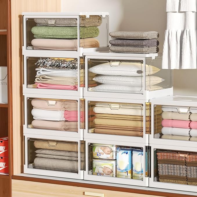 Kmiectse Clear Storage Bin with Lid 3 Pack 【Stackable & Sturdy】 Plastic Multifunctional Folding Storage Bins for Bedroom, Living Room, Study,Room, 23 QT Folding Box with Magnetic Door - Image 5