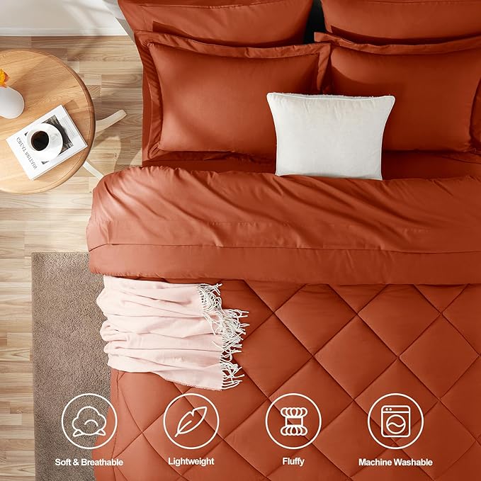 CozyLux King Size Comforter Set Burnt Orange - 7 Pieces Bed in a Bag King, Luxury Soft Bed Set for All Seasons, Bedding Set with Down Alternative Comforter, Sheets, Pillowcases & Shams, Terracotta
