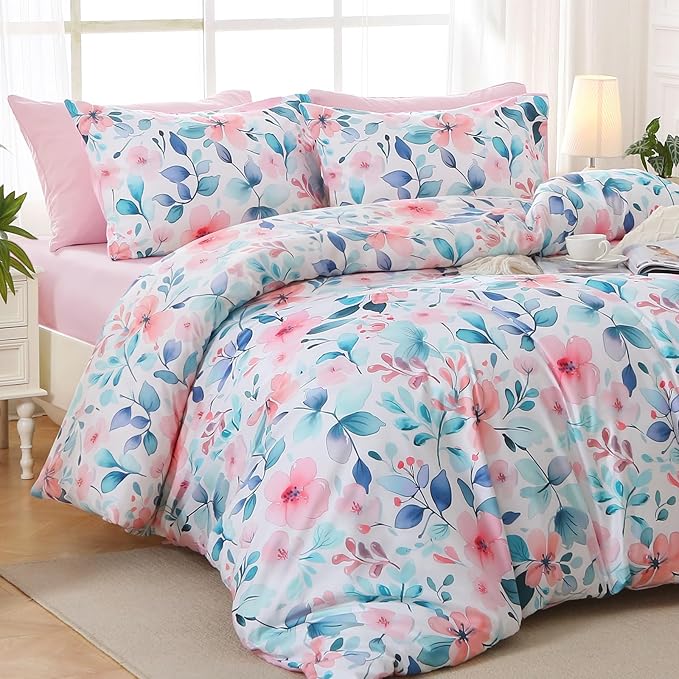 MUXHOMO Pink Blue Branch Bed in a Bag King 7 Pieces, King Comforter Set Reversible Botanical Flowers Design, Ultra Soft & Breathable Bedding Sets with Comforter, Sheets, Pillowcases & Shams