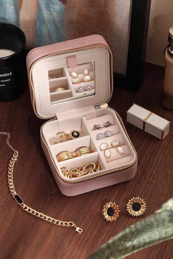 S.Leaf Travel Jewelry Organizer Boxes for Women Small Portable Necklace Earrings Bracelet Rings Travel Case Best Friend Birthday Gifts for Women Trendy (05_Suede_Touch_Dust_Pink) - Image 3
