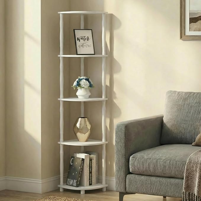 Furinno Turn-N-Tube Storage Shelves, 5-Tier Open Frame Book Shelf, Standing Corner Shelf, Toolless Open Shelves, Classic Tubes, for Organization and Storage, Living Room, Home Office, White - Image 2