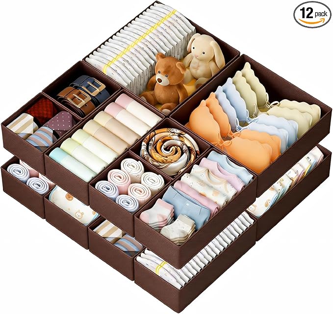 DIMJ Drawer Organizer Clothes, 12 Pack Underwear Organizer, Foldable Closet Organizers, Sock Organizer Bra Organizer, Fabric Dresser Organizer for Clothes, Bra, Socks, Tie (Brown) by DiMJ