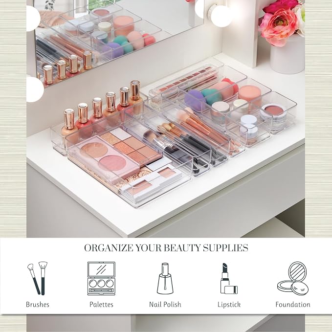 STORi SimpleSort 10-Piece Stackable Clear Drawer Organizer Set | Multi-size Trays | Makeup Vanity Storage Bins and Office Desk Drawer Dividers | Made in USA - Image 3
