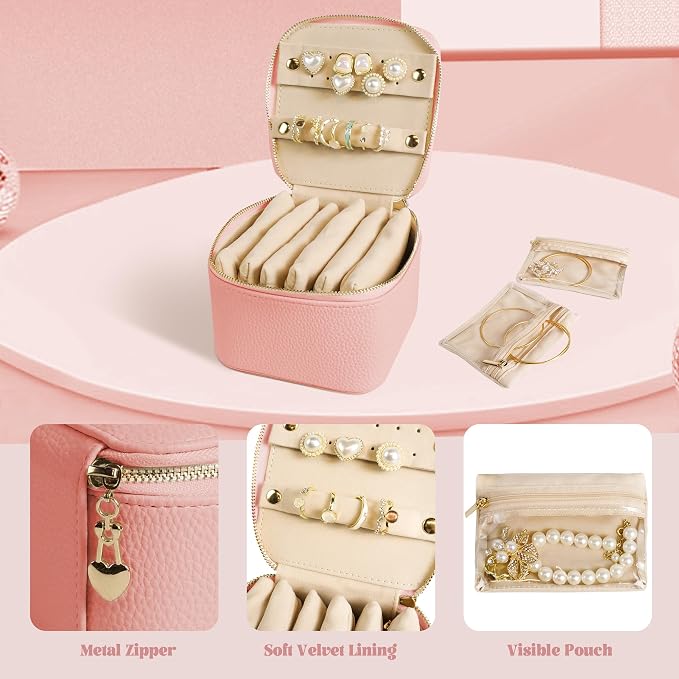 Travel Jewelry Case, Small Travel Jewelry Box with 6 Velvet Jewelry Bag Mini Pouch, Portable Travel Jewelry Organizer for Rings Earrings Necklaces, Beauty Gifts for Women Girls (Muted Pink) - Image 2
