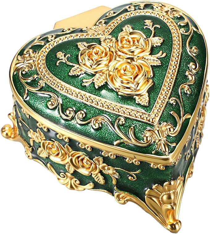 Hipiwe Vintage Jewelry Storage Box Heart Shaped Trinket Box Green Decorative Keepsake Box with Rose Pattern Treasure Organizer Holder for Women by Hipiwe