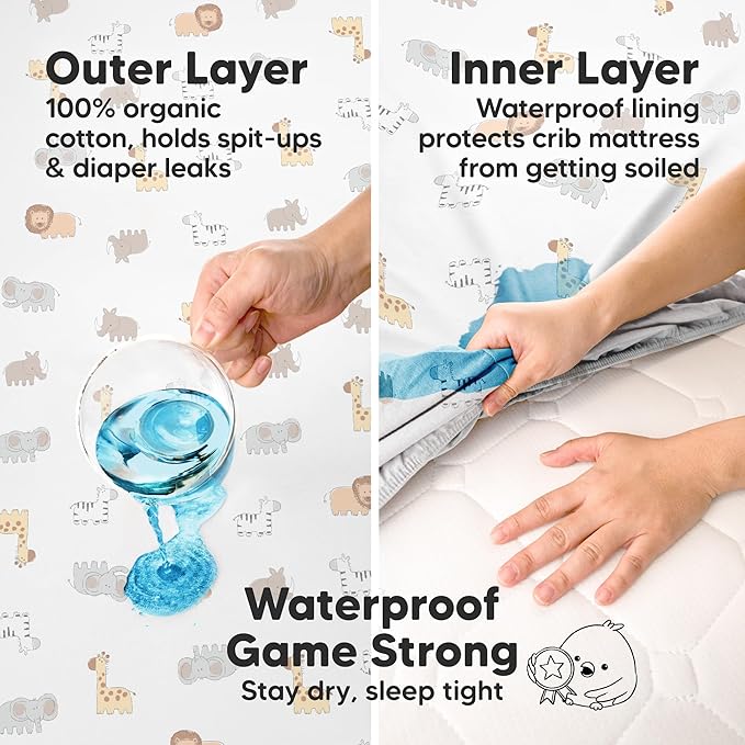 2-Pack Waterproof Crib Sheets for Boys, Girls - 52x28 Fitted Organic Cotton Baby Crib Sheets, Toddler Mattress Protector Cover, Washable, Soft & Durable Baby Bedding Essentials (Herb)