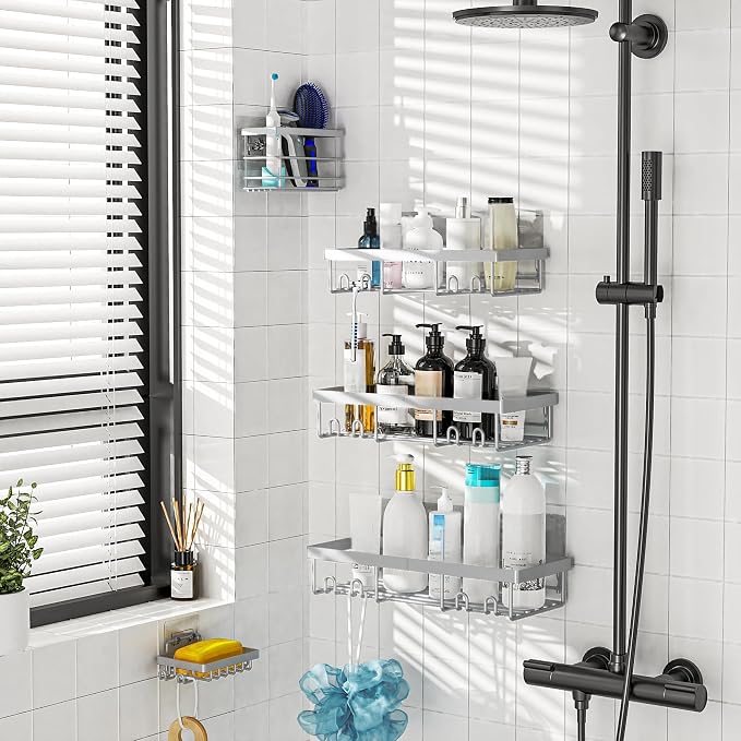 Moforoco Adhesive Shower Caddy Organizer Shelves Rack - 5 Pack Corner Bathroom Storage Organization, Home & Kitchen Decor Inside RV Accessories, Hanging First Apartment Household Camper Essentials - Image 5