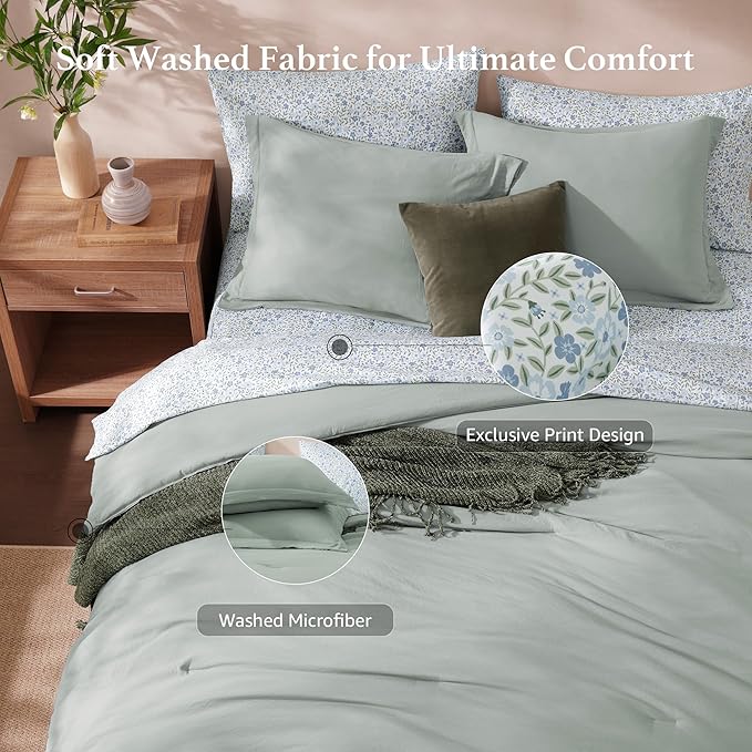 Monbix King Size Comforter Set - 7 Pieces Sage Green Prewashed Bed in a Bag King Bedding Sets with Comforters, All Seasons Ultra Soft Comforter Bed Set with Sheets,Pillowcases & Shams