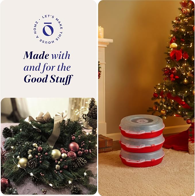 HOMZ 3-Pack 24 Inch Seasonal Holiday Clear Plastic Wreath Storage Containers, Red – Stackable Decoration Organizer Bins with Lids and Handles for Christmas Wreaths and Garlands - Image 6