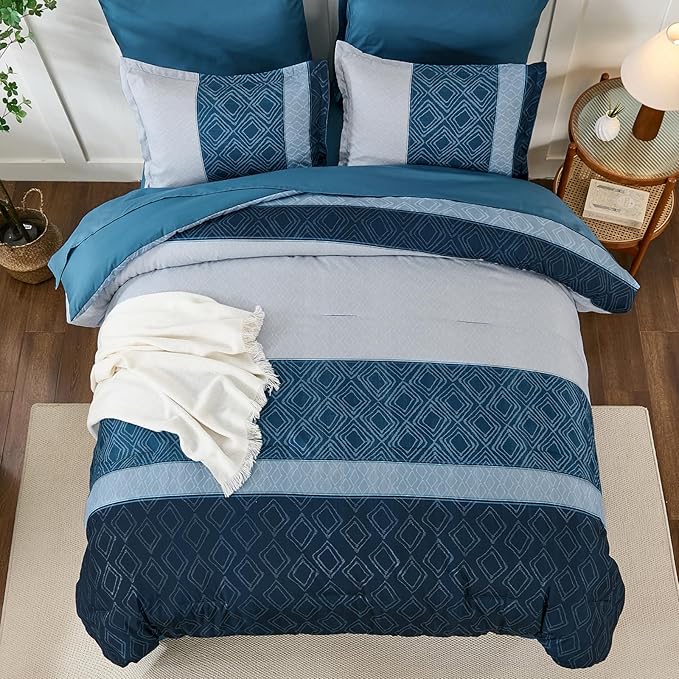 Dinjoy Queen Comforter Set Navy Blue, 7 Piece Boho Bed in a Bag Queen Size Striped Fall Bedding Sets Comforters with Plaid Bed Set with Sheets for Women Men