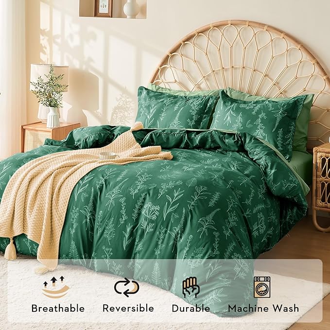 MUXHOMO Emerald Green Bed in a Bag Queen 7 Pieces, Queen Comforter Set Reversible Botanical Flowers Design, Ultra Soft & Breathable Bedding Sets with Comforter, Sheets, Pillowcases & Shams