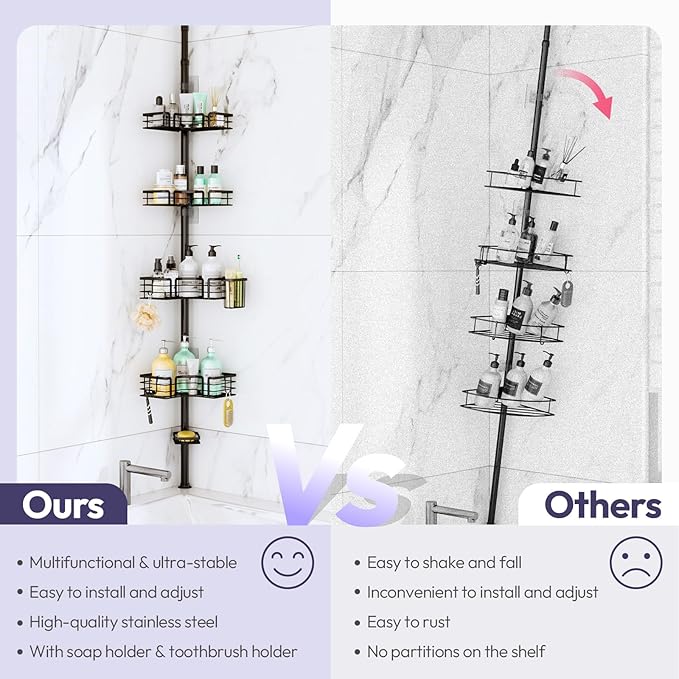 SWTYMIKI Shower Caddy Tension Pole - 4-Tier Corner Shower Organizer Tension Rod with Soap Holder, Toothbrush Holder & 4 Hooks, Adjustable Stainless Steel Bathroom Organizer 27.6 to 108.3 inch, Black - Image 2