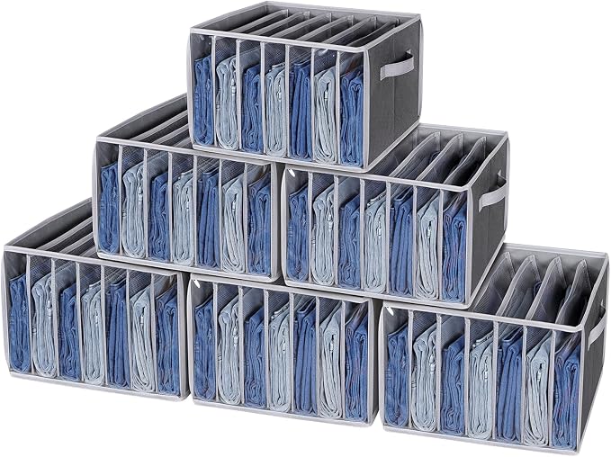 Zilink Upgraded Wardrobe Clothes Organizer with Support Board Clear Pant Organizer for Closet with 7 Grids Jeans Storage Organizer for Closet for Jean Pant Sweater Legging T-Shirt, 6 Pack by Zilink