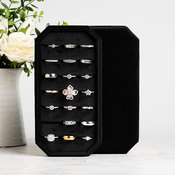 Velvet Ring Organizer Display Tray Jewelry Box Earring Holder Case for Wedding Birthday Christmas Day (Black) - Image 5