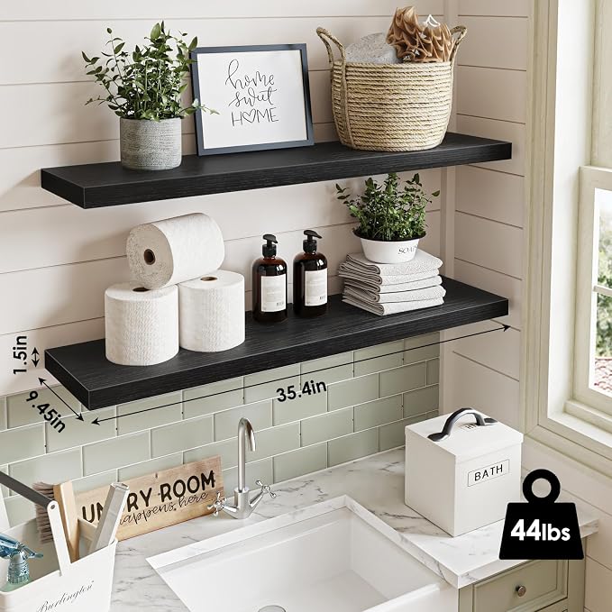Fixwal Floating Shelves for Wall, 35" Long Heavy Duty Wall Mounted Rustic Wood Shelves for Living Room, Bedroom, Bathroom and Kitchen, Wall Shelves for Storage, Books, Room Decor (Black, Set of 2) - Image 3