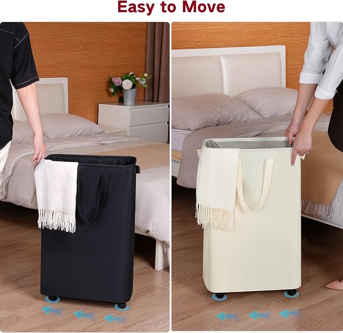 efluky Slim Laundry Hamper with Wheels, Rolling Laundry Basket for Clothes, Small Laundry Basket for Bedroom, Dorm and Laundry Room, 75L (19.8 Gallons) Grey - Image 4