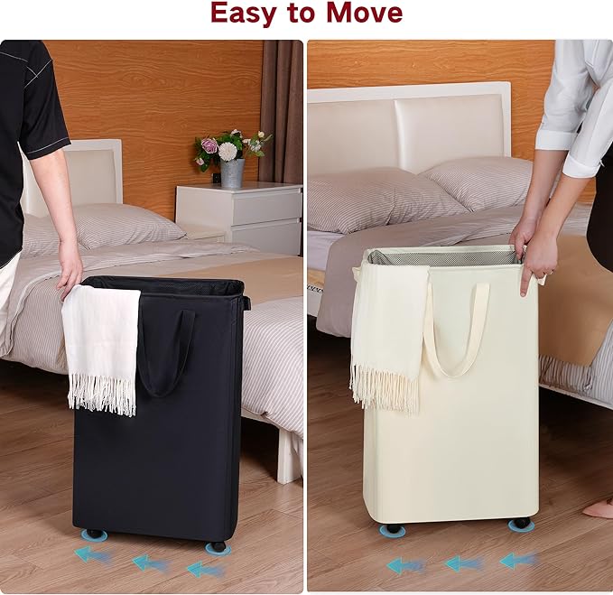 Slim Laundry Hamper with Wheels, Rolling Laundry Basket for Clothes, Small Laundry Basket for Bedroom, Dorm and Laundry Room, 75L (19.8 Gallons) Beige - Image 4