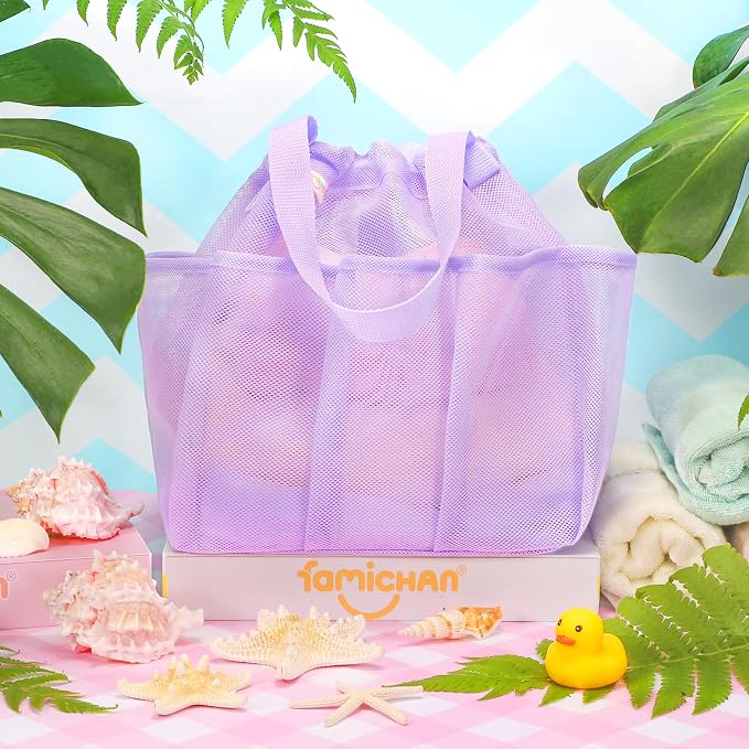famichan Mesh Shower Caddy Portable with Drawstring, Dorm Room Essentials for College Students Girl & Boy, Larger Shower Bag for Camping,Swimming,Gym,Travel,Bathroom - Purple - Image 5