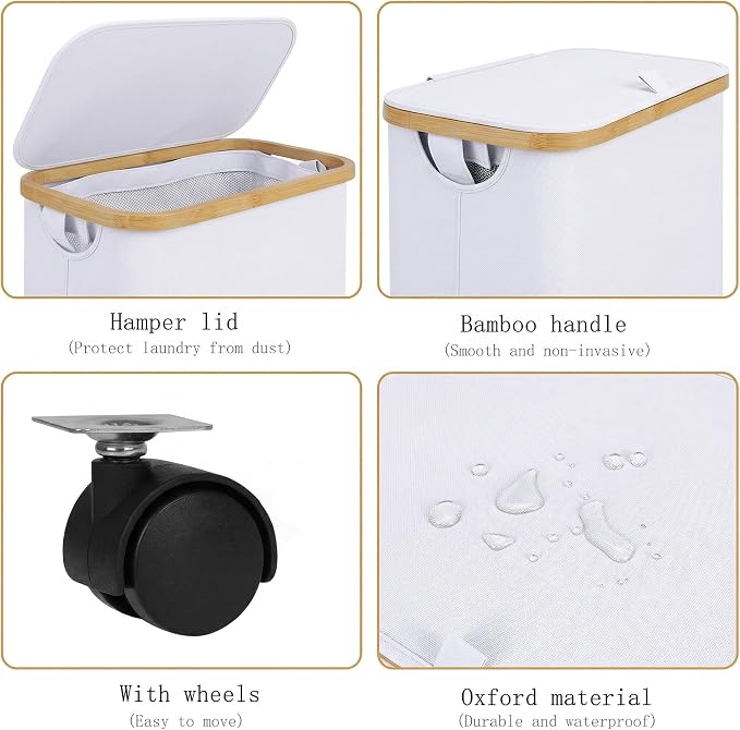 Laundry Basket with Wheels, 75L Clothes Hamper for Laundry, Laundry Hamper with Lid and Inner Bag, for Laundry Room, Bedroom, Dormitory Storage,White - Image 2