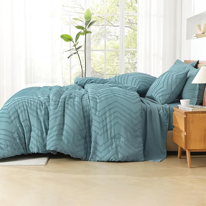 Litanika Super King Plus Size Comforter Set with Sheets Grayish Teal - 7 Pieces Bed in a Bag Oversized King Boho Tufted Complete Bedding Sets with Comforter, Sheets, Pillowcases & Shams
