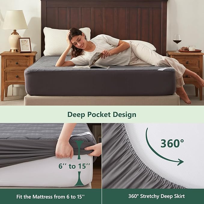 King Size Waterproof Mattress Protector, 40% Rayon Derived from Bamboo Grey Mattress Pad Cover, 3D Air Fabric Breathable Mattress Pad Fitted with Deep Pocket 6"- 15" Machine Washable