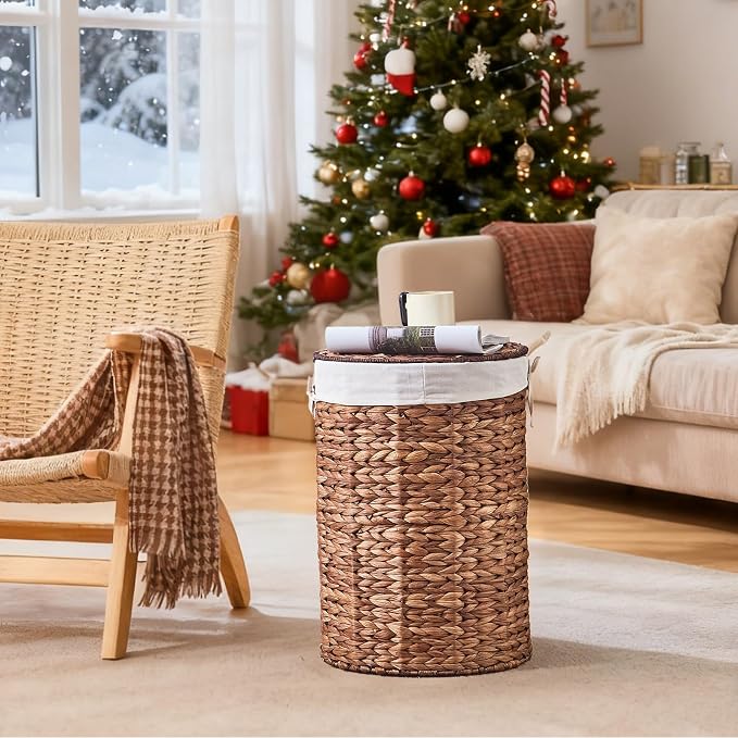 Round Water Hyacinth Laundry Hamper with Lid Handwoven Wicker Basket with Handles for Dirty Clothes, Storage, and Organization Ideal for Bedroom, Bathroom, and Laundry Room, No Assembly Required, 60L - Image 2