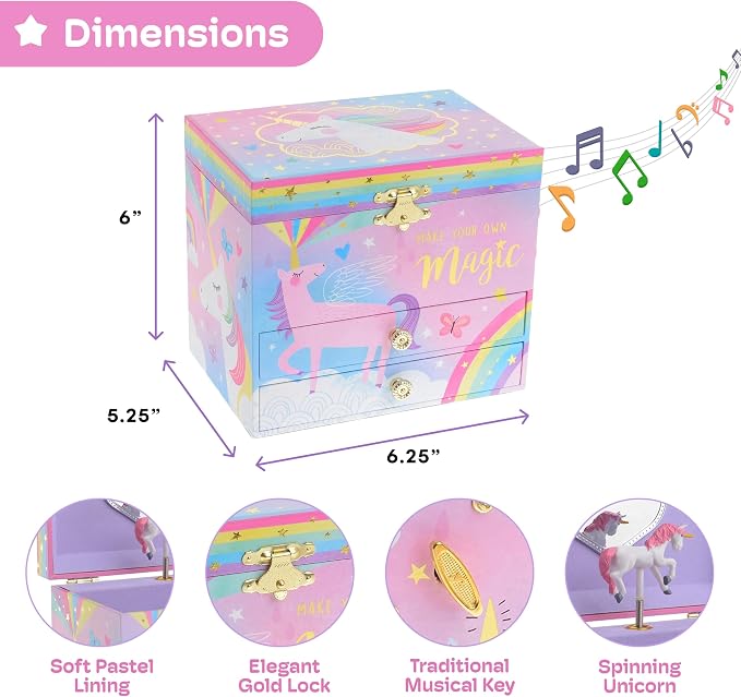 Jewelkeeper Unicorn Musical Jewelry Box for Girls - Cotton Candy Unicorn Design Music Box with 2 Pullout Drawers to Store Earrings, Necklace and Bracelets, Plays The Beautiful Dreamer Tune - Image 3