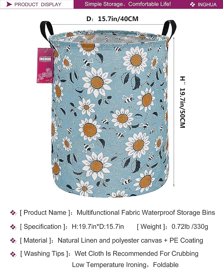 Laundry Hamper Large Canvas Fabric Lightweight Storage Basket/Toy Organizer/Dirty Clothes Collapsible Waterproof for College Dorms, Boys and Girls Bedroom,Bathroom (Sunflower) - Image 2