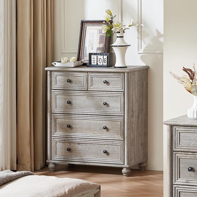 RWYHG Farmhouse 5 Drawer Dresser for Bedroom, 35.5" Tall Small Dressers & Chest of Drawers, Rustic Wood Dresser with Roman Column, Storage Organizer for Living Room, Hallway, Closet (Grey)