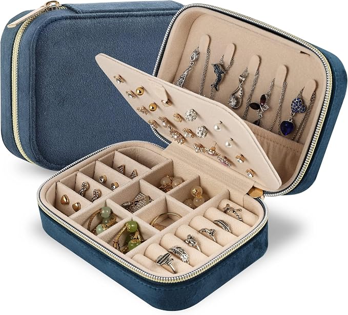 Dajasan Velvet Jewelry Travel Case, Small Travel Jewelry Box, Portable Travel Jewelry Organizer Box for Earrings Bracelets Rings Necklace (Blue) by DAJASAN