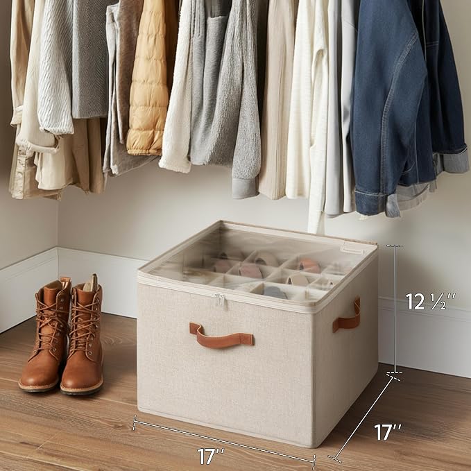 StorageWorks Shoe Organizer for Closet, Fits up to 16 Pairs, Shoe Cubby Storage Containers with Adjustable Dividers and Clear Cover, Taupe | Fits up to 16 Pairs, Clear Cover - Image 6